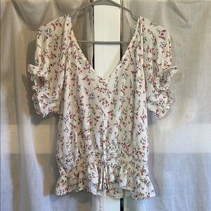 Floral Ruffle Sleeve Women's Top - White